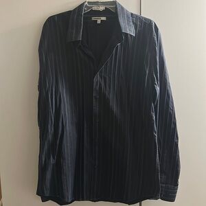 Men’s express black dress shirt w/ blue stripes. UEC. “Fitted-stretch material”